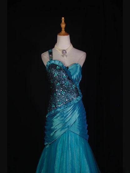 Vintage Mermaid One Shoulder 1950s With Pleated Ruffled Taffeta Bodice Long Prom Dresses Inspo 19th Birthday Outfit Formal Gown AS368