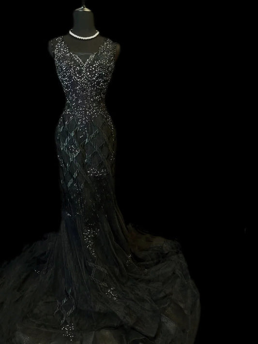 Vintage Prom Dresses Mermaid V Neck Black Tulle 1950s Retro Classy Long Party Formal Outfits RB6189