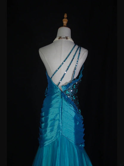 Vintage Mermaid One Shoulder 1950s With Pleated Ruffled Taffeta Bodice Long Prom Dresses Inspo 19th Birthday Outfit Formal Gown AS368