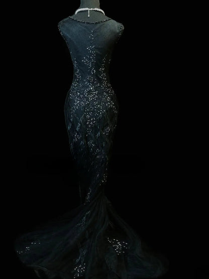 Vintage Prom Dresses Mermaid V Neck Black Tulle 1950s Retro Classy Long Party Formal Outfits RB6189