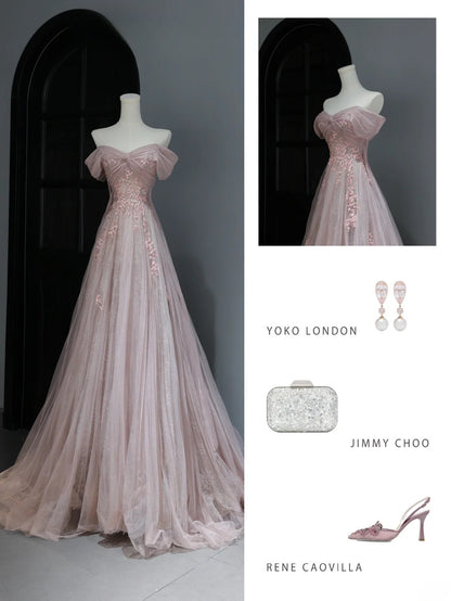 Modest Prom Dresses Aesthetic A Line Off The Shoulder Pink Tulle Inspiration Style Impress With Sleeves Long Party Formal Gown AS369