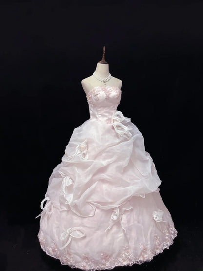 Beautiful Ball Gown Strapless Poofy Long With Ruffled Tiered Lace Pink Quince Dress inspo Quinceanera Dresses Sweet 15 16 Outfits RB7823
