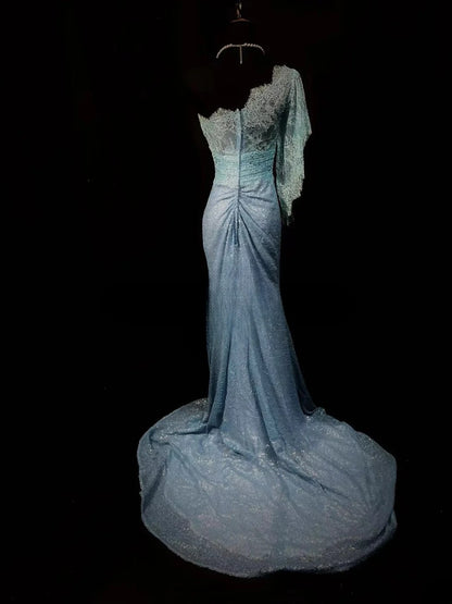 Vintage Prom Dresses Mermaid One Shoulder Blue Sequin 1950s Retro Classy Long Party Formal Outfits RB6190