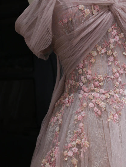 Modest Prom Dresses Aesthetic A Line Off The Shoulder Pink Tulle Inspiration Style Impress With Sleeves Long Party Formal Gown AS369