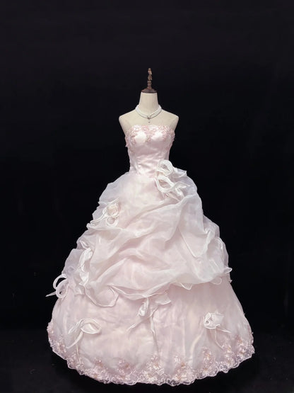 Beautiful Ball Gown Strapless Poofy Long With Ruffled Tiered Lace Pink Quince Dress inspo Quinceanera Dresses Sweet 15 16 Outfits RB7823