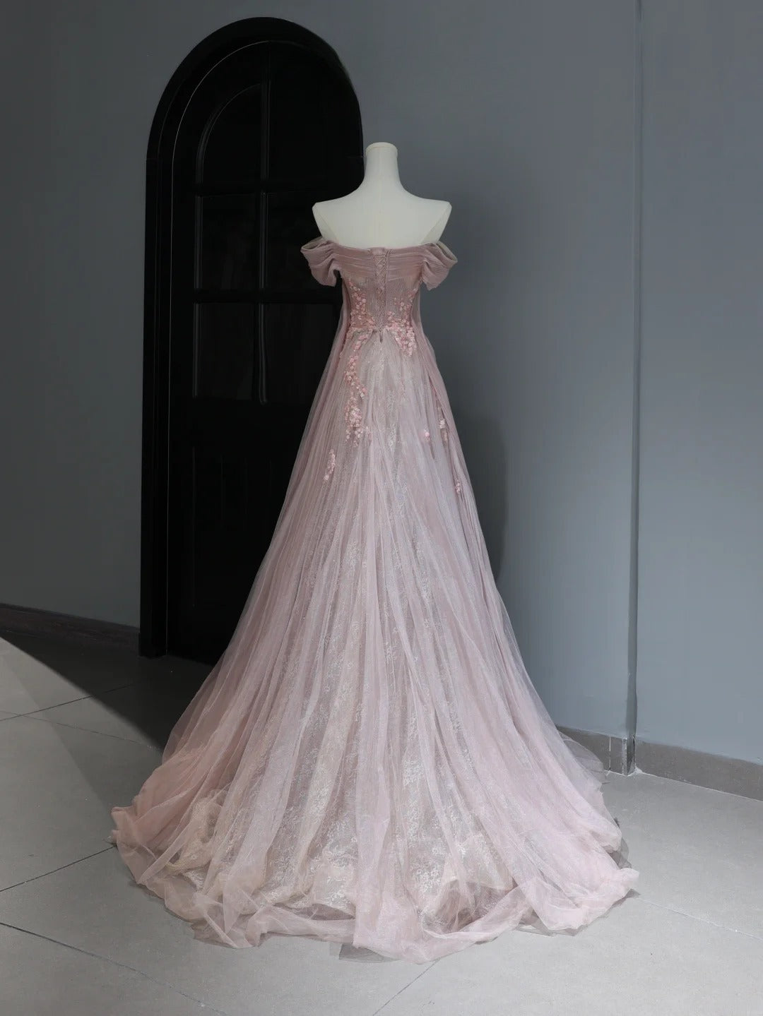 Modest Prom Dresses Aesthetic A Line Off The Shoulder Pink Tulle Inspiration Style Impress With Sleeves Long Party Formal Gown AS369