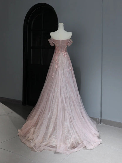 Modest Prom Dresses Aesthetic A Line Off The Shoulder Pink Tulle Inspiration Style Impress With Sleeves Long Party Formal Gown AS369