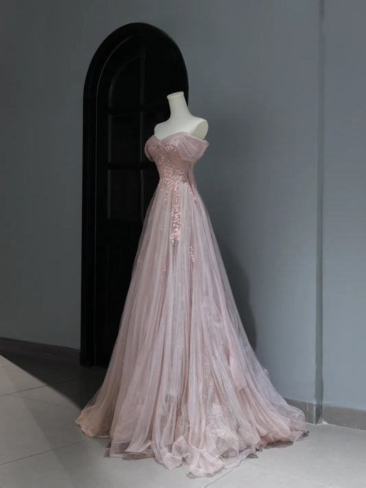 Modest Prom Dresses Aesthetic A Line Off The Shoulder Pink Tulle Inspiration Style Impress With Sleeves Long Party Formal Gown AS369