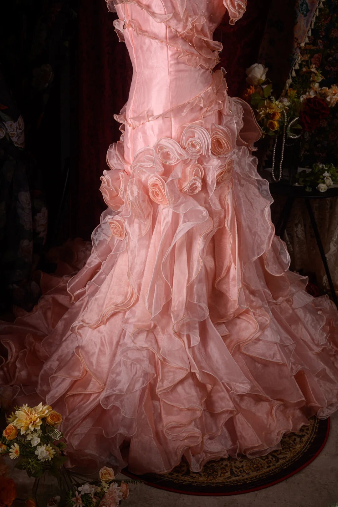 Vintage 80s Mermaid Strapless Blush Pink With 3D Flowers y2k High School Dances Prom Dresses Formal Outfits Evening Gown RB8579