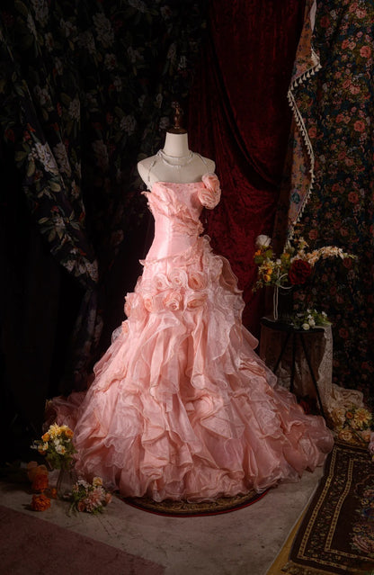 Vintage 80s Mermaid Strapless Blush Pink With 3D Flowers y2k High School Dances Prom Dresses Formal Outfits Evening Gown RB8579