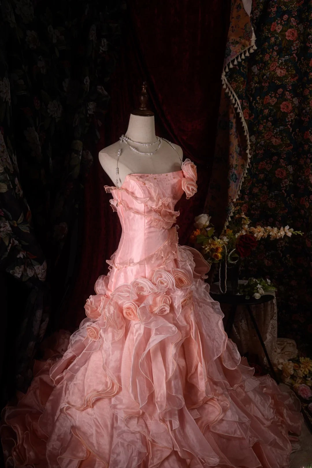 Vintage 80s Mermaid Strapless Blush Pink With 3D Flowers y2k High School Dances Prom Dresses Formal Outfits Evening Gown RB8579