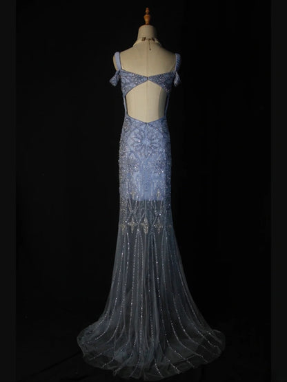 Retro 1950s Mermaid Sweetheart Blue Tulle With Beads Long Prom Dresses Inspo 22th Birthday Outfit Formal Gown AS370