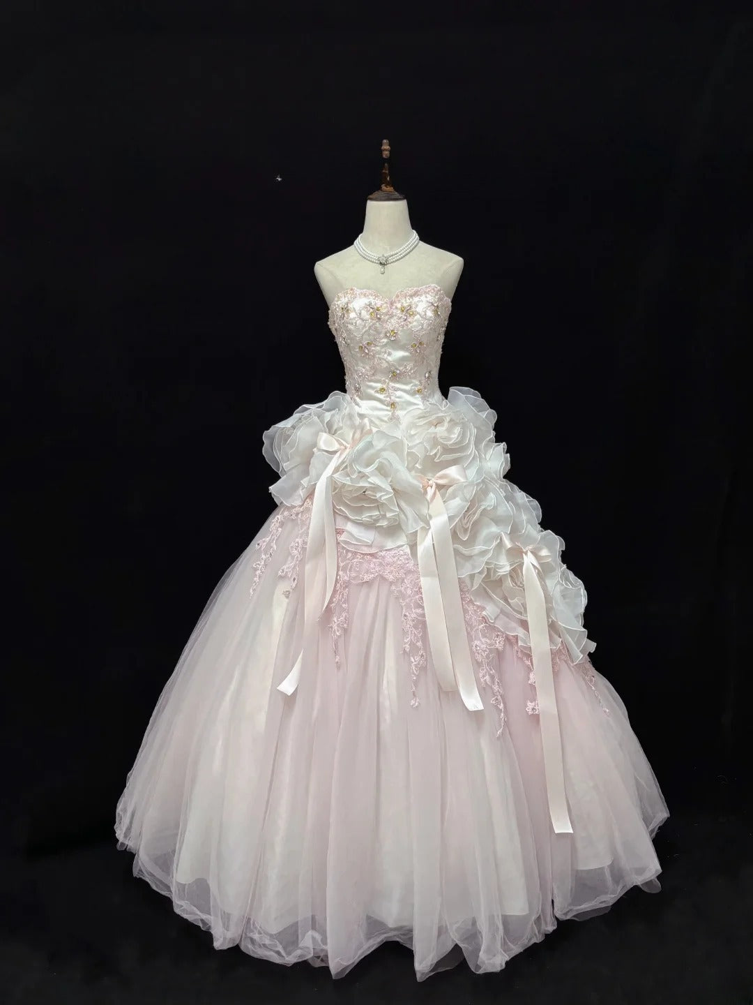 Beautiful Ball Gown Sweetheart Poofy Long With Ruffled 3D Flowers Lace Pink Quince Dress inspo Quinceanera Dresses Sweet 15 16 Outfits RB7824