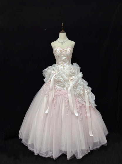 Beautiful Ball Gown Sweetheart Poofy Long With Ruffled 3D Flowers Lace Pink Quince Dress inspo Quinceanera Dresses Sweet 15 16 Outfits RB7824