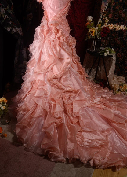 Vintage 80s Mermaid Strapless Blush Pink With 3D Flowers y2k High School Dances Prom Dresses Formal Outfits Evening Gown RB8579