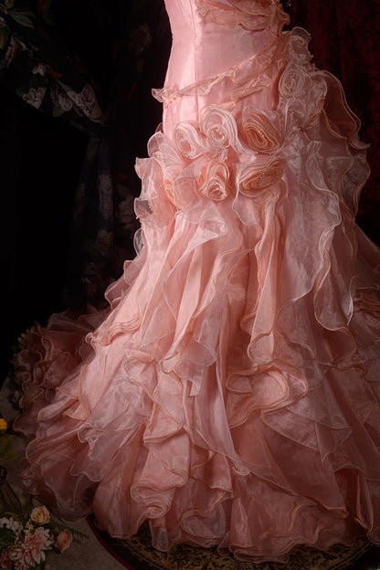 Vintage 80s Mermaid Strapless Blush Pink With 3D Flowers y2k High School Dances Prom Dresses Formal Outfits Evening Gown RB8579