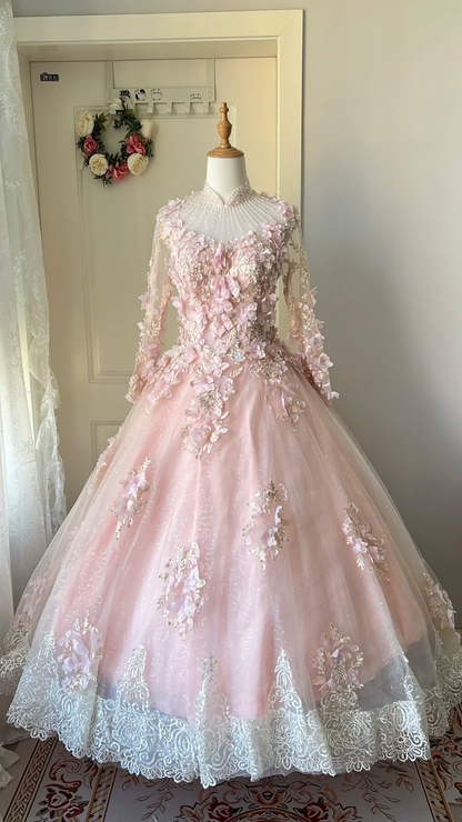 Cute Sweet 16 Dress Long High Neck Pink Tulle With Appliques Lace Ball Gown Sweet Sixteen Party Birthday Dresses RC0691