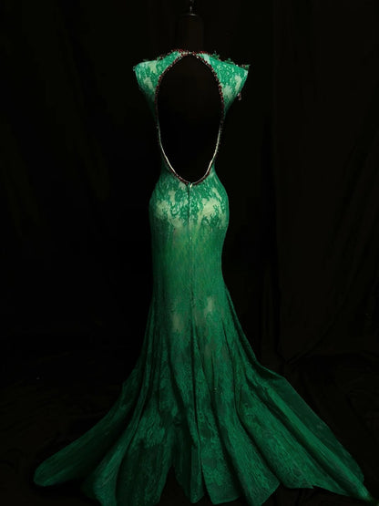 Vintage Prom Dresses Mermaid Scoop Neck Green Backless Lace 1950s Retro Classy Long Party Formal Outfits RB6192