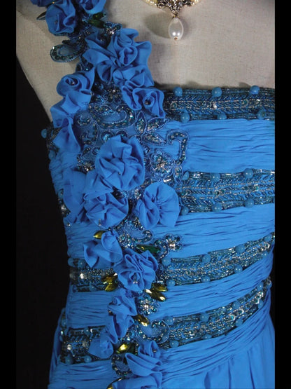Vintage A Line One Shoulder Royal Blue 1950s With Pleated Ruffled Beaded Bodice Long Prom Dresses Inspo Birthday Outfit Formal Gown AS371