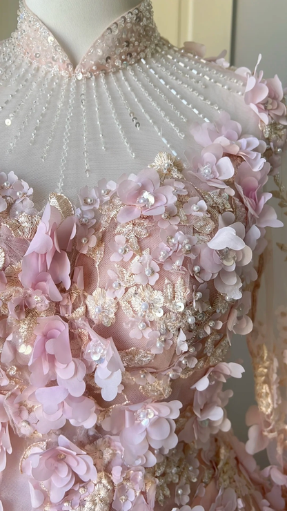 Cute Sweet 16 Dress Long High Neck Pink Tulle With Appliques Lace Ball Gown Sweet Sixteen Party Birthday Dresses RC0691