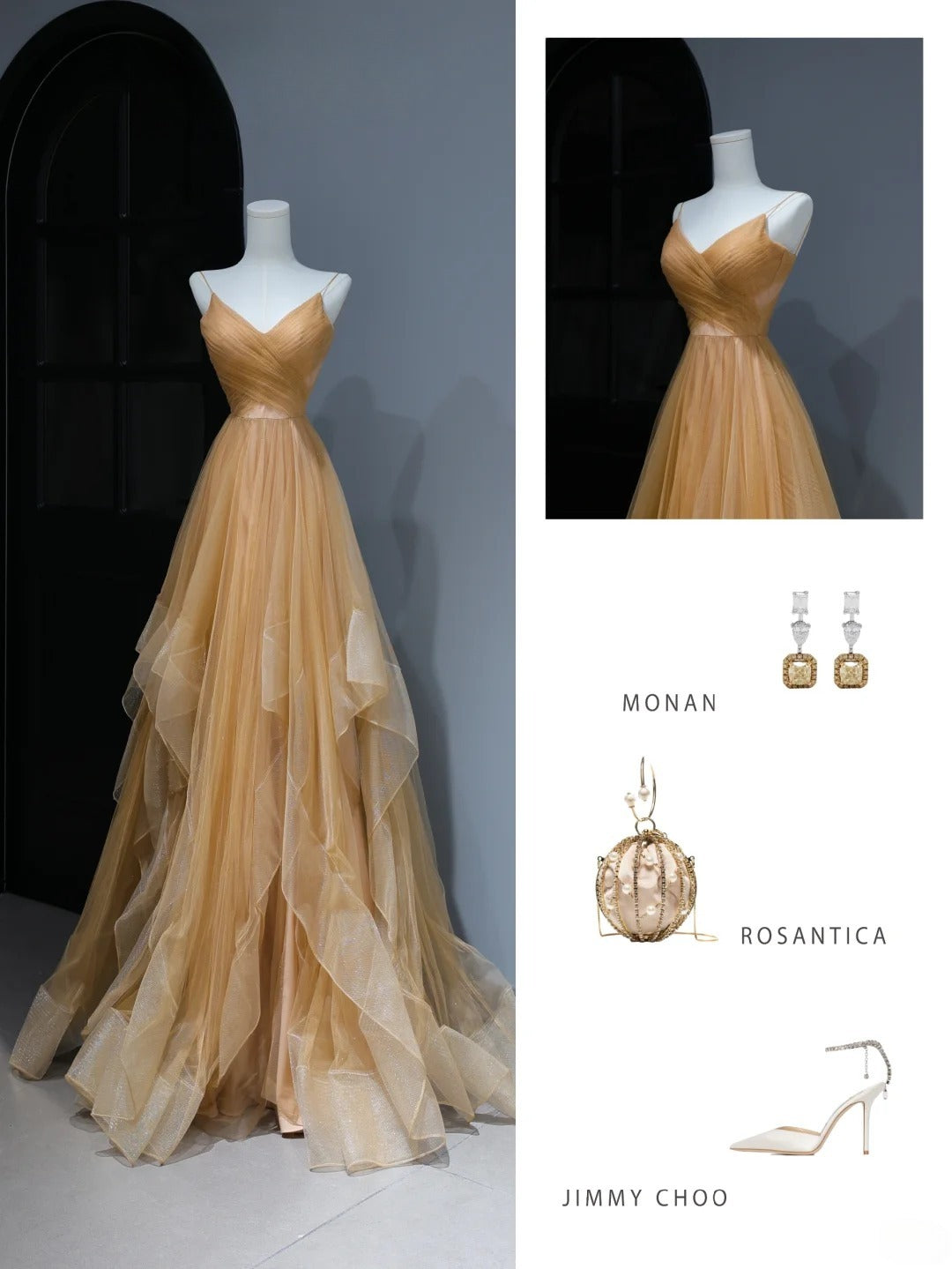 Modest Prom Dresses Aesthetic A Line Spaghetti Straps Gold Tulle Inspiration Style Impress With Pleated Long Party Formal Gown AS371