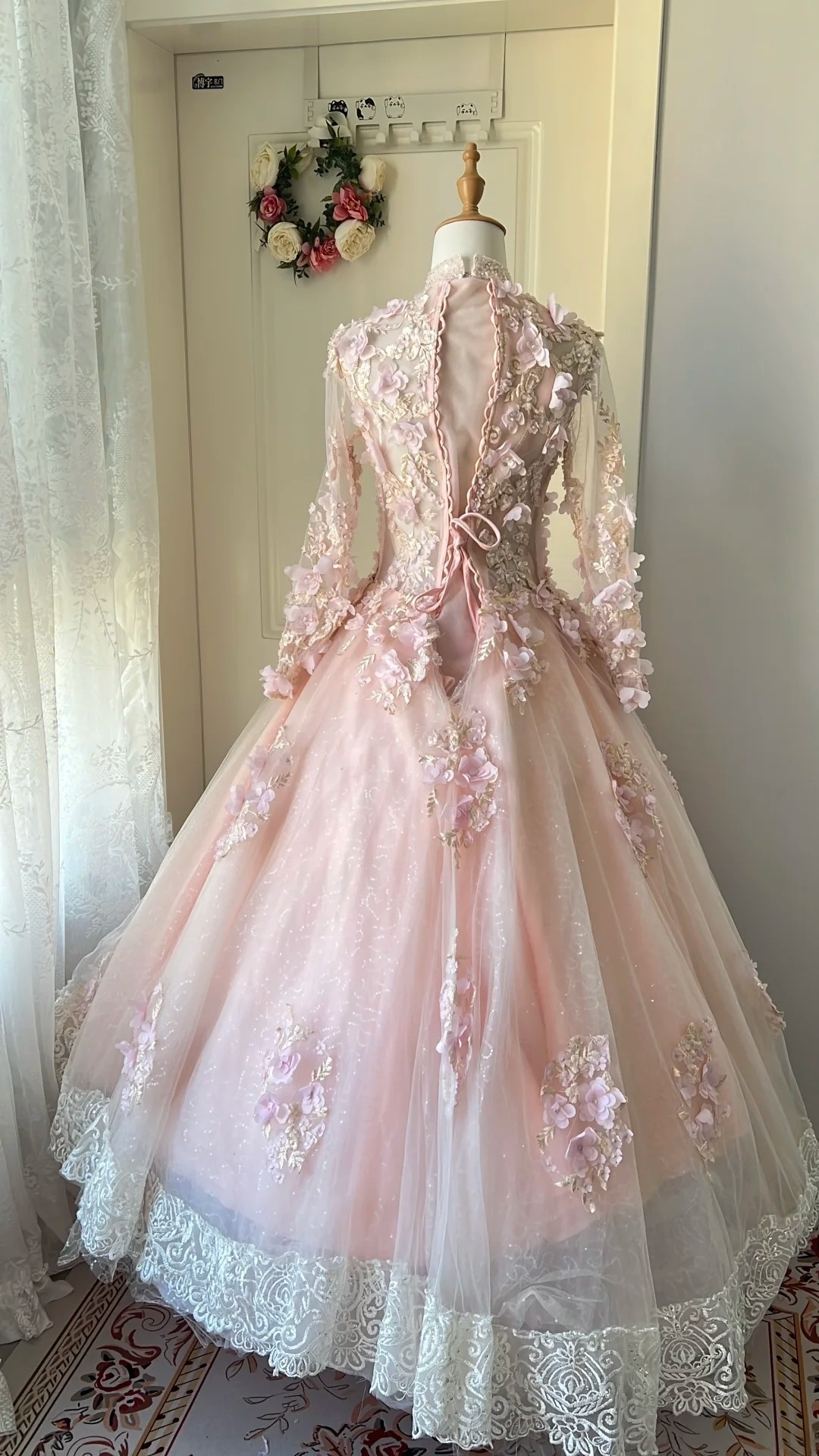 Cute Sweet 16 Dress Long High Neck Pink Tulle With Appliques Lace Ball Gown Sweet Sixteen Party Birthday Dresses RC0691