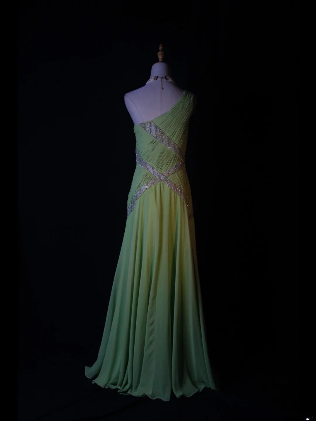 Vintage A Line One Shoulder Bud Green 1950s With Pleated Ruffled Beaded Bodice Long Prom Dresses Inspo Birthday Outfit Formal Gown AS372
