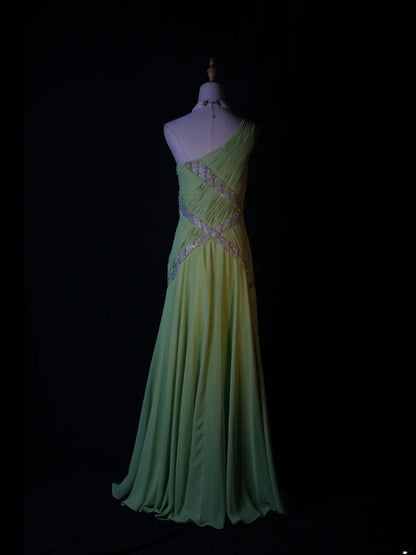 Vintage A Line One Shoulder Bud Green 1950s With Pleated Ruffled Beaded Bodice Long Prom Dresses Inspo Birthday Outfit Formal Gown AS372