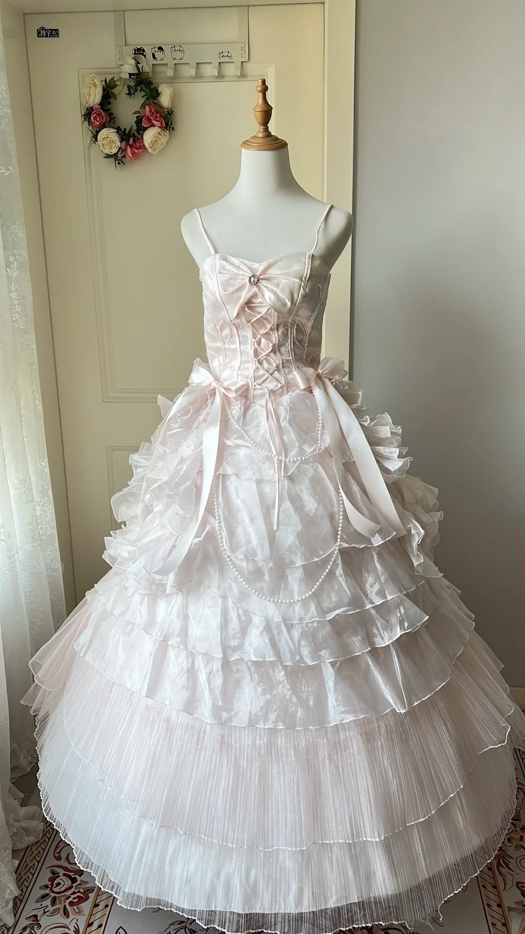 Cute Sweet 16 Dress Long Spaghetti Straps Pink With Tiered Layers Ball Gown Sweet Sixteen Party Birthday Dresses RC0696