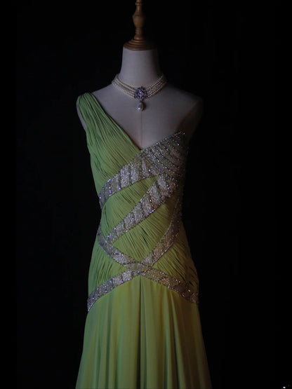 Vintage A Line One Shoulder Bud Green 1950s With Pleated Ruffled Beaded Bodice Long Prom Dresses Inspo Birthday Outfit Formal Gown AS372