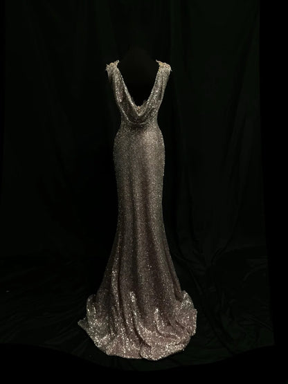 Sparkly Prom Dresses Mermaid Scoop Neck Champagne Sequin With Lace Night Evening Formal Outfits RB6193