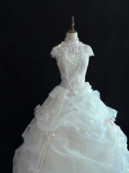 Beautiful Ball Gown High Neck White Lace Long With Ruffled Quince Dress inspo Quinceanera Dresses Sweet 15 16 Outfits RB7826