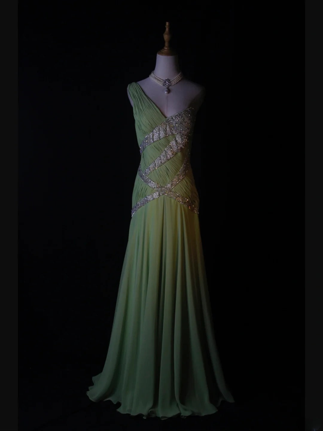 Vintage A Line One Shoulder Bud Green 1950s With Pleated Ruffled Beaded Bodice Long Prom Dresses Inspo Birthday Outfit Formal Gown AS372