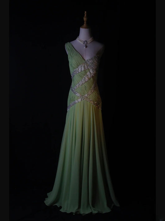 Vintage A Line One Shoulder Bud Green 1950s With Pleated Ruffled Beaded Bodice Long Prom Dresses Inspo Birthday Outfit Formal Gown AS372