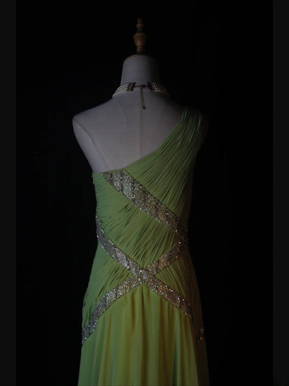 Vintage A Line One Shoulder Bud Green 1950s With Pleated Ruffled Beaded Bodice Long Prom Dresses Inspo Birthday Outfit Formal Gown AS372