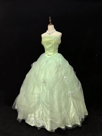 Beautiful Ball Gown Strapless Sage Green Tulle Long With Ruffled Quince Dress inspo Quinceanera Dresses Sweet 15 16 Outfits RB7827