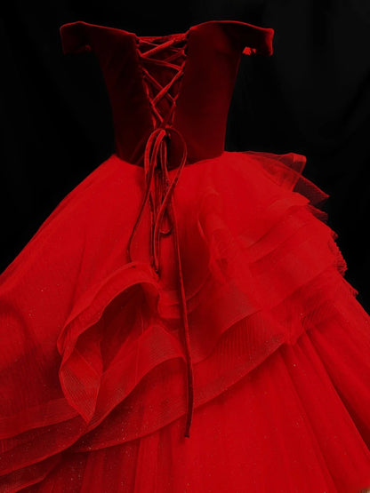Charming Prom Dresses Ball Gown Off The Shoulder Red With Corset Fitted Back Night Evening Formal Outfits RB6194