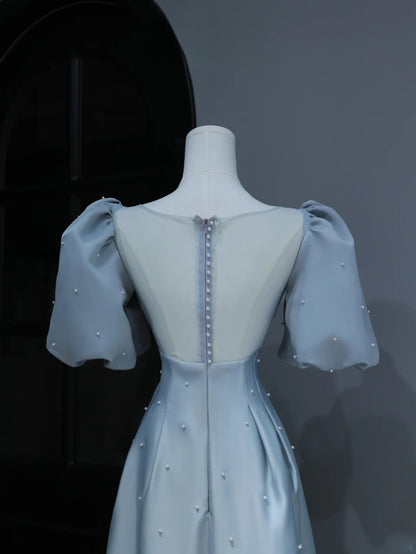 Modest Prom Dresses Aesthetic A Line Sweetheart Light Sky Blue Satin Inspiration Style Impress With Puffy Sleeves Pearls Long Party Formal Gown AS373