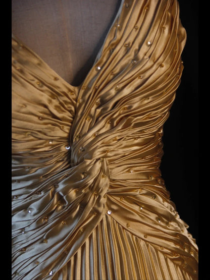 Retro 60s A line Spaghetti Straps Gold Taffeta With Beads Prom Dresses Inspo 22th Birthday Outfit Formal Gown AS373