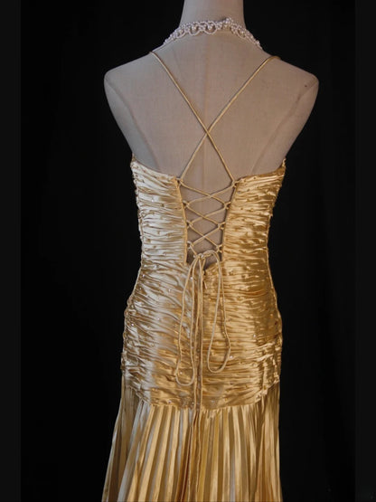 Retro 60s A line Spaghetti Straps Gold Taffeta With Beads Prom Dresses Inspo 22th Birthday Outfit Formal Gown AS373