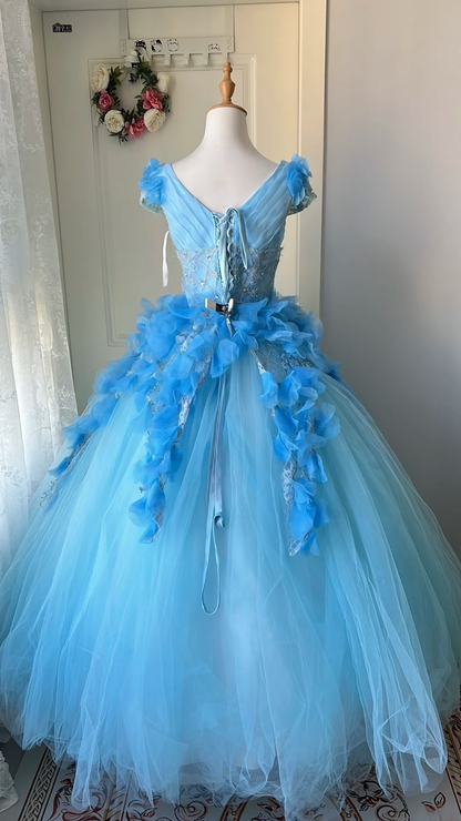 Sweet 15 Quinceanera Dresses Ball Gown V Neck Blue Tulle With Beading Long 16th Birthday Dress RC0692