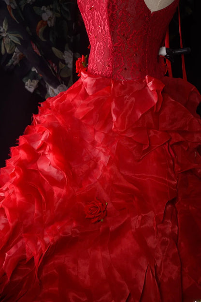 Elegant Formal Outfit for 15 Anos Photoshoot & Celebration Ball Gown Red Pageant Dress Photoshoot & Celebration RB8581