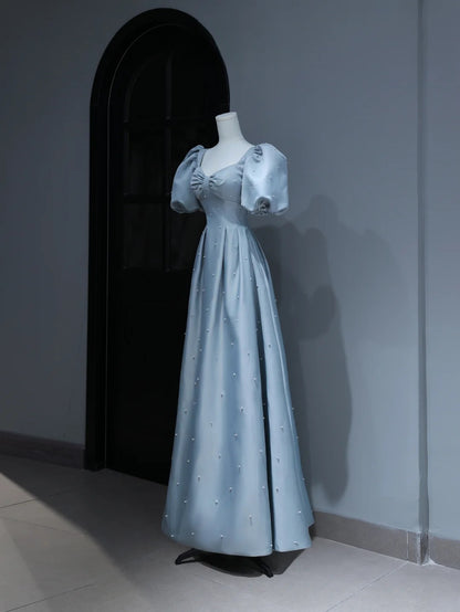 Modest Prom Dresses Aesthetic A Line Sweetheart Light Sky Blue Satin Inspiration Style Impress With Puffy Sleeves Pearls Long Party Formal Gown AS373