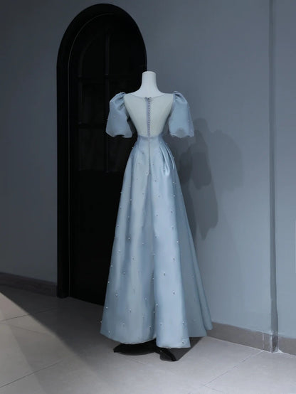 Modest Prom Dresses Aesthetic A Line Sweetheart Light Sky Blue Satin Inspiration Style Impress With Puffy Sleeves Pearls Long Party Formal Gown AS373