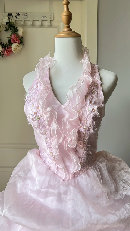 Sweet 15 Quinceanera Dresses Ball Gown Halter Pink With Lace Long 16th Birthday Dress RC0697