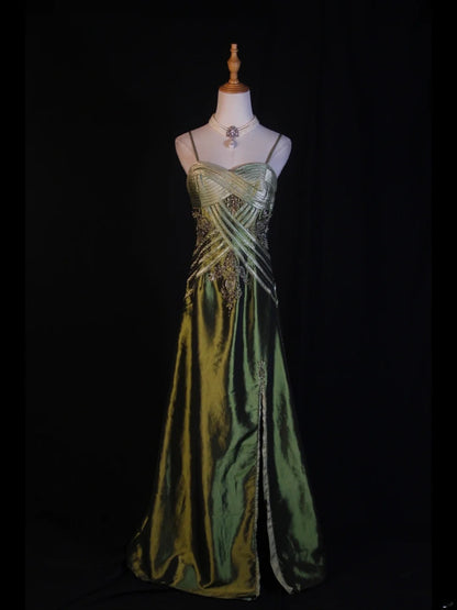 Retro 60s A line Spaghetti Straps Olive Green Satin With Ruffled Beads Slit Long Prom Dresses Inspo 22th Birthday Outfit Formal Gown AS374