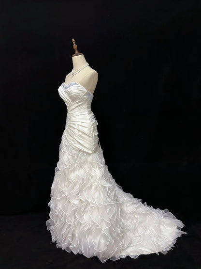 Vintage 90s Mermaid Sweertheart White Satin With Tiered Ruffled Long Prom Dresses Formal Outfit Evening Night Dress RB7828