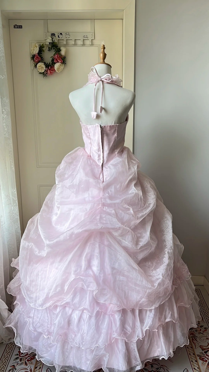 Sweet 15 Quinceanera Dresses Ball Gown Halter Pink With Lace Long 16th Birthday Dress RC0697