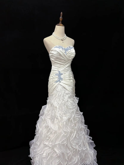 Vintage 90s Mermaid Sweertheart White Satin With Tiered Ruffled Long Prom Dresses Formal Outfit Evening Night Dress RB7828
