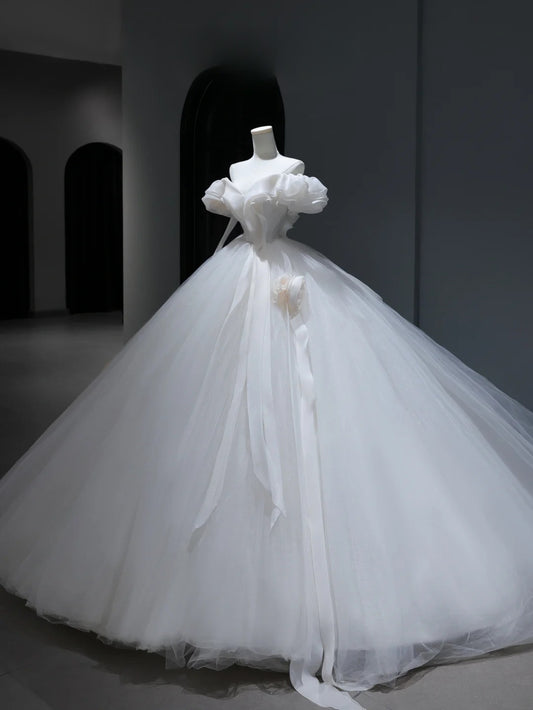 Princess Long Wedding Gowns Ball Gown Off The Shoulder Style for Bride With Short Sleeves Train White Bridal Dresses AS375